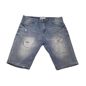 Bleeker & Mercer blue denim jean shorts size 36 extra long distressed slim fit